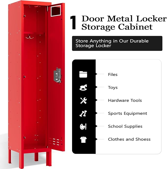 Metal Storage Locker with Lock & Card Slot Locker - Secure Lockable Door - Steel Locker for School, Office, Gym, Home - 66.15" H x 11.8" W x 11.8" D（1 Door, Red）