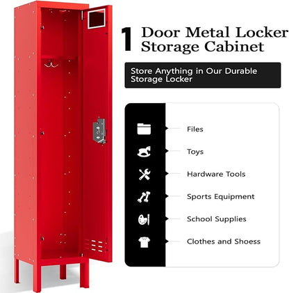 Metal Storage Locker with Lock & Card Slot Locker - Secure Lockable Door - Steel Locker for School, Office, Gym, Home - 66.15" H x 11.8" W x 11.8" D（1 Door, Red）