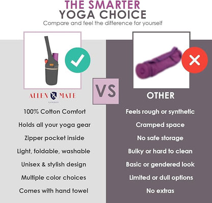 ALLEN & MATE 100% Cotton Yoga Mat Bag for Women and Men, Large Pocket with Zipper Storage, Shoulder Strap Carrier for Yoga and Pilates Mats