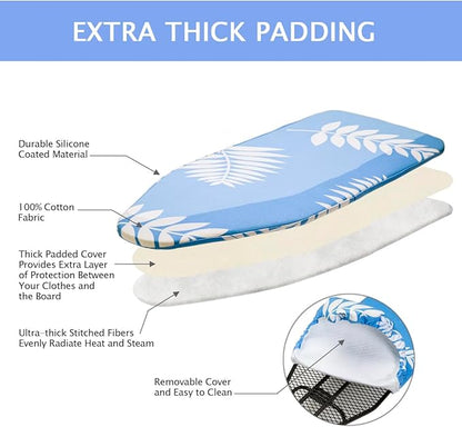 SheeChung Mini Ironing Board 12"x32",Tabletop Ironing Boards with Removable Cotton Cover and Pad,Mesh Metal Base Iron Table,Foldable Small Ironing Board for Home Dorm Travel,Blue Leaf