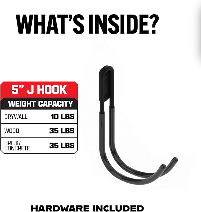 Smart T Garage Storage Wall Hook | 5" J-Hook for Garage Organization, Heavy Duty Organizer Wall Mount or Shelving Hooks