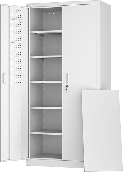 Metal Storage Cabinet with 5 Adjustable Shelves and Pegboard, 71" H White Garage Storage Cabinet with Doors, Metal File Cabinet for Garage,Home, Office, White, Assembly Required