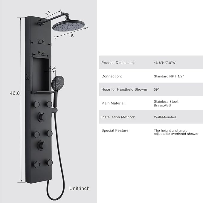 POPFLY Shower Panel Tower System Adjustable Shower Arm Height Rainfall Head System Stainless Steel Shower Panel with Shelf and 6 Body Massage Jets, Bathroom Black Shower Column Panel