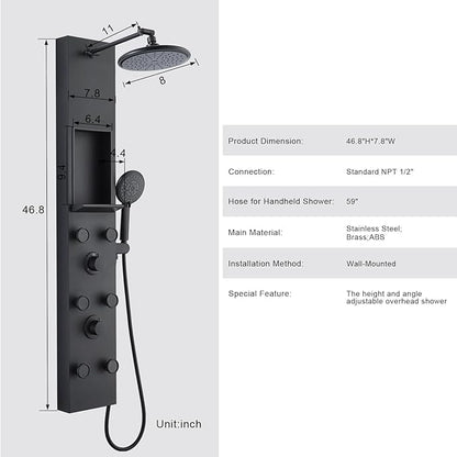 POPFLY Shower Panel Tower System Adjustable Shower Arm Height Rainfall Head System Stainless Steel Shower Panel with Shelf and 6 Body Massage Jets, Bathroom Black Shower Column Panel