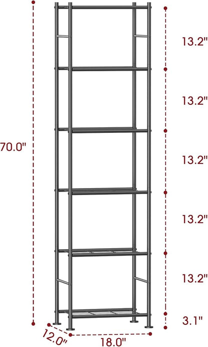 Storage Shelves - 6 Tier Shelf Organizer, Sturdy Metal Garage Shelving with Adjustable Leveling Feet, Space-Saving Shelves Organizer for Pantry, Laundry, Kitchen (18" x 12" x 70", Black)