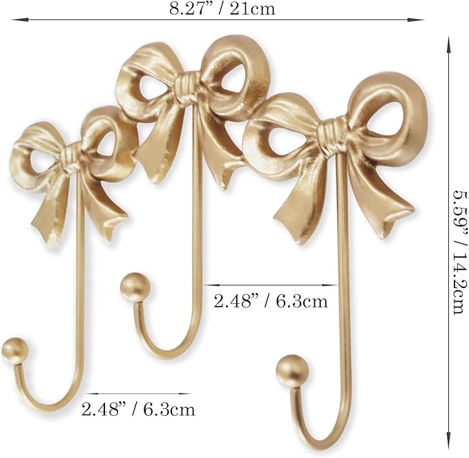 Small Bow Wall Hook,Gold Wall Mounted Functional Hooks,Antique Gold Cast Iron Hook for Coats,Bags, Bath Towels,Room Decorations,Girls Room,Bathroom,Office(Three-Bows Hooks:8.27x5.59 inches)