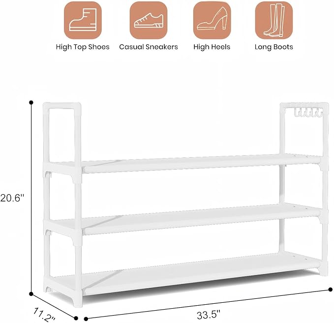 Shoe Rack for Closet Shoe Organizer Space Saver Storage for 12-15 Pair Shoe Shelf with Hook Free Standing 3 Tier Shoe Rack Organizer for Entryway, Small Spaces, White
