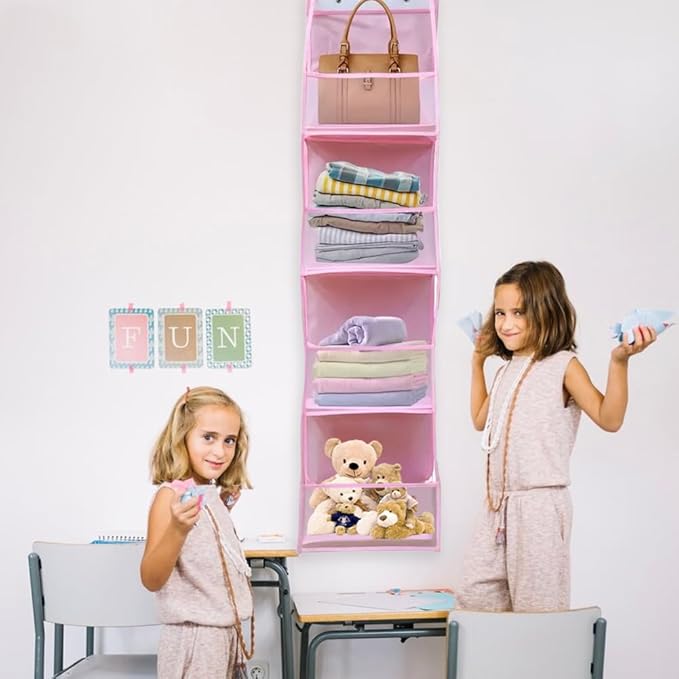 Bibabala Over The Door Organizer Storage,4 Shelf Swing-Proof Behind Door Organizers with Metal Hooks,Closet Hanging Organizer with 4 Large Clear Pocket for Bedroom,Bathroom,Pantry(Pink)