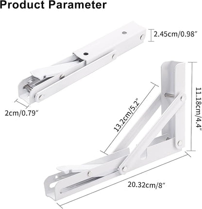 YUMORE Folding Shelf Brackets, 8 Inch Heavy Duty Collapsible Shelf Bracket, DIY L Bracket for Workbench Folding Table Hinge, Max Load: 300lb, White, 2 Pack