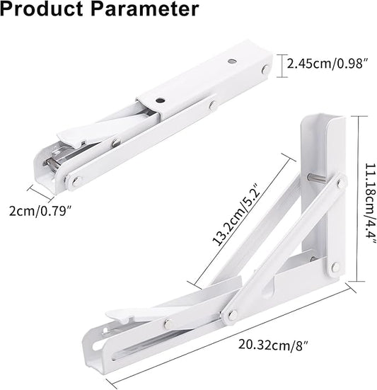 YUMORE Folding Shelf Brackets, 8 Inch Heavy Duty Collapsible Shelf Bracket, DIY L Bracket for Workbench Folding Table Hinge, Max Load: 300lb, White, 2 Pack