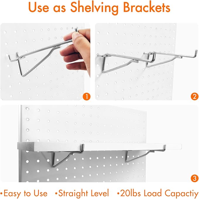 G.CORE Pegboard Shelf Hooks, 10-Pack 8" Silver Peg Board Brackets, 1/4" Peg Board Organizer Accessories, Peg Hooks Assortment Various Tools Storage Arrange System for Garage Craft Workshop Workbench