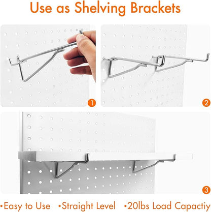 G.CORE Pegboard Shelf Hooks, 10-Pack 8" Silver Peg Board Brackets, 1/4" Peg Board Organizer Accessories, Peg Hooks Assortment Various Tools Storage Arrange System for Garage Craft Workshop Workbench