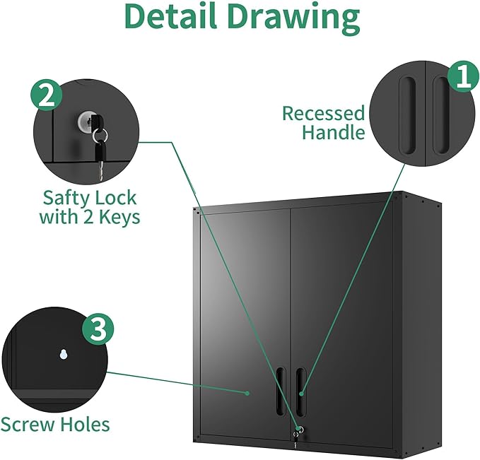 Metal Tool Cabinet,Garage Storage Cabinet System,Wall Cabinet & Locking Rolling Tool Cabinet with Doors and Adjustable Shelves,Steel Tool Cabinets for Home (2 Pcs-StyleA, Black)