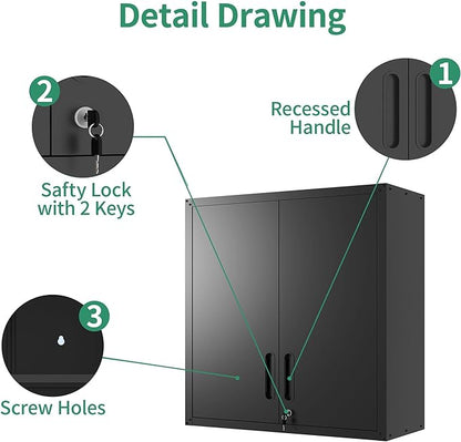 Metal Tool Cabinet,Garage Storage Cabinet System,Wall Cabinet & Locking Rolling Tool Cabinet with Doors and Adjustable Shelves,Steel Tool Cabinets for Home (2 Pcs-StyleA, Black)