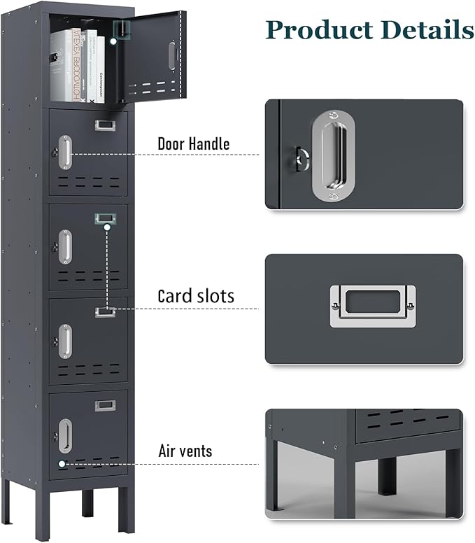 Metal Storage Locker with Lock & Card Slot Locker - Secure Lockable Door - Steel Locker for School, Office, Gym, Home - 66.15" H x 11.8" W x 11.8" D（5 Door, Grey）