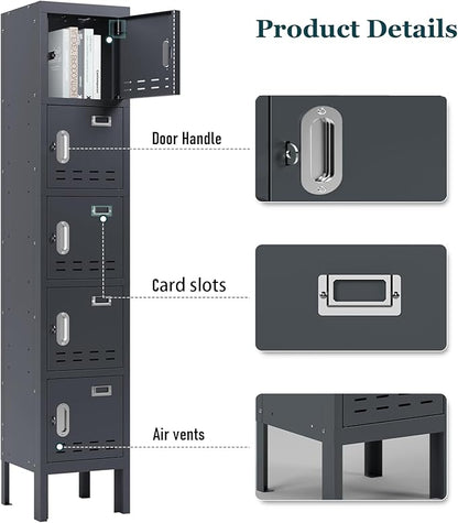 Metal Storage Locker with Lock & Card Slot Locker - Secure Lockable Door - Steel Locker for School, Office, Gym, Home - 66.15" H x 11.8" W x 11.8" D（5 Door, Grey）