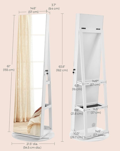 SONGMICS 6 LEDs Lockable Mirror Jewelry Cabinet, 360° Swivel Jewelry Organizer Armoire Standing, Frameless Full-Length Mirror, 3 Storage Shelves, White Surface, Black Lining UJJC007W01