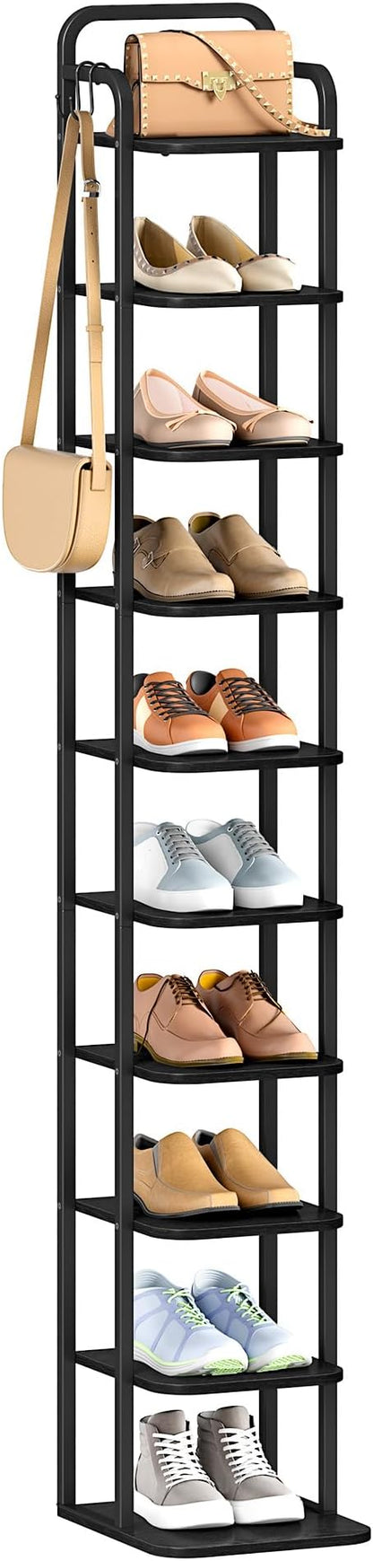 Vertical Shoe Rack, Shoe Shelves, Wood Shoe Organizer for Closet, Entryway, Shoe Tower for Small Spaces, Free Standing, Adjustable, with 2 Hooks, 10 Tier Black SR11204B