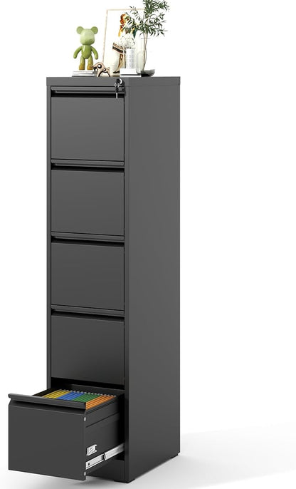 5 Drawer File Cabinet, Vertical File Cabinets with Lock for Home Office,Heavy Duty Office Steel Filing Cabinet for Hanging Letters/Legal/A4, Assembly Required (Black)