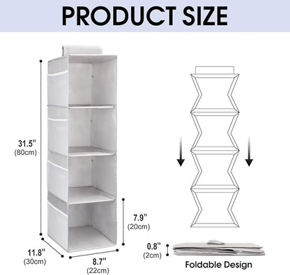 PetsHome 4-Shelf Hanging Closet Organizer, Space Saver, Closet Hanging Storage Shelves with Mesh Pockets & Magic Tap for Storage, Foldable-Grey