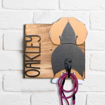 Personalized Dog Leash Holder for Wall Custom Name, Wooden Dog Butt Leash Hook, Decorative Key Rack Hooks Hanger for Entryway, Hallway, Farmhouse Dog Items Storage Organizer (1 Dog (5.7"x9"))