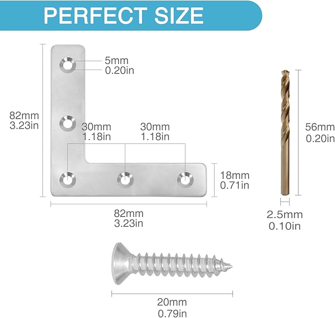 8PCS 3.23” x 3.23” L Shape Flat Metal Frame Bracket, 90 Degree Right Angle Corner Brace, Stainless Steel Mending Plate for Wood with 40PCS Screws