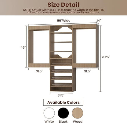 ROOMTEC Modular Closet System, 96" Wall Mounted Closet Organizer with Hanging Rods and Shoe Shelf, Wooden Tower for Walk-In Closets, Wardrobe Storage Kit, Wood