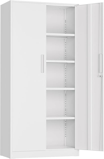 72”Metal Storage Cabinet, Lockable File Cabinets with 2 Doors and 4 Adjustable Shelves, Steel Tool Cabinets with Lock for Office, Home, Gym(White)