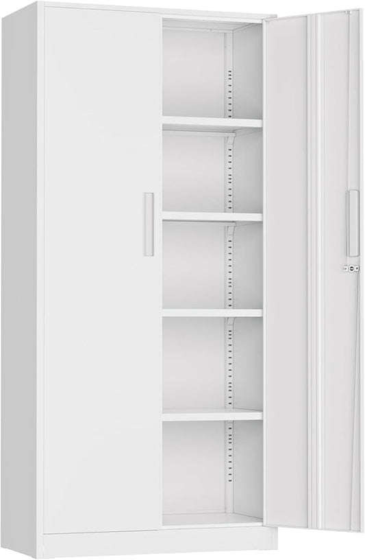72”Metal Storage Cabinet, Lockable File Cabinets with 2 Doors and 4 Adjustable Shelves, Steel Tool Cabinets with Lock for Office, Home, Gym(White)