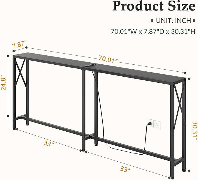 Console Table Narrow Long, Behind Couch Table with Oulets & USB Ports, Industrial Long Skinny Stand for Entryway,Hallway, Living Room, Bedroom Black, 7.9" D x 70" W x 30.3" H