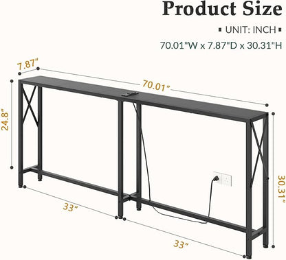 Console Table Narrow Long, Behind Couch Table with Oulets & USB Ports, Industrial Long Skinny Stand for Entryway,Hallway, Living Room, Bedroom Black, 7.9" D x 70" W x 30.3" H