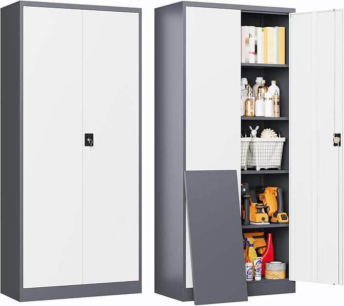 Metal Tool Storage Cabinet,Lockable File Cabinet with 2 Doors and 5 Adjustbale Shelves,Tall Cabinets for Garage Storage Systems for Home Office,Garage,Workshop