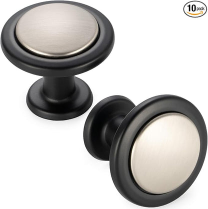 KOOFIZO 10 Pack Nickel and Black Kitchen Cabinet Knobs Brushed Silver and Black Drawer Knobs 1960 Round Single Hole Cabinet Pulls for Cabinets Drawers Dresser Cupboard Bedroom Bathroom
