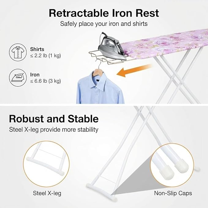 Foldable Ironing Board 43" x 13", Height Adjustable Iron Board with Heat Resistant Cover & Iron Rest, 43" Long Ironing Board with Sleeve Board, for Laundry Room