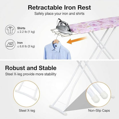 Foldable Ironing Board 43" x 13", Height Adjustable Iron Board with Heat Resistant Cover & Iron Rest, 43" Long Ironing Board with Sleeve Board, for Laundry Room