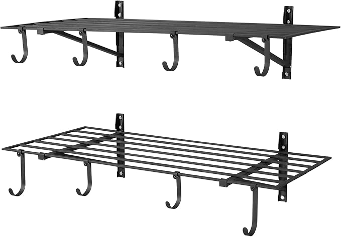 VEVOR 2-Tier Heavy Duty Wall Garage Shelving, 2 x 4 ft Steel Wall Mounted Shelving Unit with Hooks, 24 x 48 Inch Per Shelf Floating Storage Metal Rack for Garage, 520 lbs Total Weight Capacity, Black