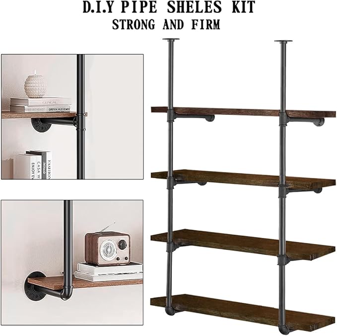 HITOMEN Industrial Iron Pipe Shelves, 2 Set 4-Tier 57.5" Tall 12" Depth, DIY Open Bookshelf Bookcase, Wall Mounted Vintage Retro Shelving, Rustic Farmhouse Pantry Kitchen Storage, Black Shelf Brackets