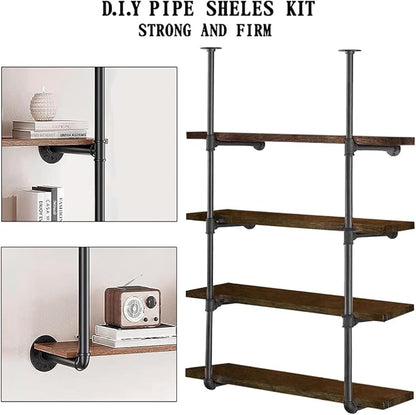 HITOMEN Industrial Iron Pipe Shelves, 2 Set 4-Tier 57.5" Tall 12" Depth, DIY Open Bookshelf Bookcase, Wall Mounted Vintage Retro Shelving, Rustic Farmhouse Pantry Kitchen Storage, Black Shelf Brackets