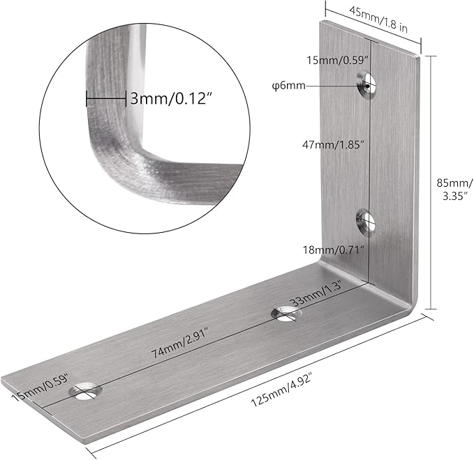 YUMORE L Brackets Heavy Duty, 5x3x1.8 Inch Stainless Steel Shelf Brackets Wall Mounted for Floating Shelves Industrial Farmhouse, Includes Hardware, Pack of 4