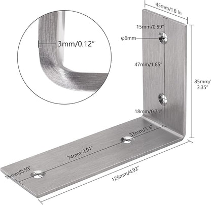 YUMORE L Brackets Heavy Duty, 5x3x1.8 Inch Stainless Steel Shelf Brackets Wall Mounted for Floating Shelves Industrial Farmhouse, Includes Hardware, Pack of 4