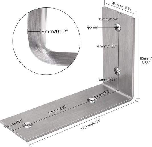 YUMORE L Brackets Heavy Duty, 5x3x1.8 Inch Stainless Steel Shelf Brackets Wall Mounted for Floating Shelves Industrial Farmhouse, Includes Hardware, Pack of 4
