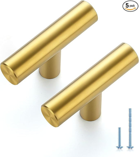 JOY DECOR 5 Pack 2 Inch Cabinet Pulls Kitchen Cabinet Handles with Single Hole Brushed Brass Cabinet Hardware Stainless Steel Kitchen Drawer Pulls for Cabinets Cupboard,Wardrobe