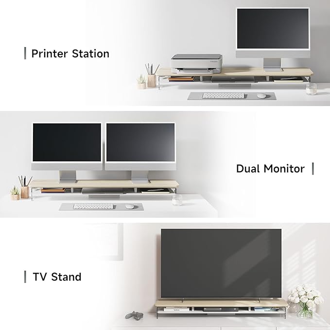 Fenge Acrylic Monitor Stand Riser, 42.5 Inches Dual Monitor Stand with Metal Storage, 2 Tier Acrylic Computer Riser for Desk, Clear Laptop Stand for PC, Laptop, Printer, TV, Oak