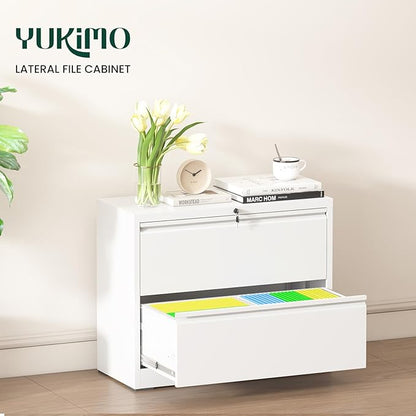 Lateral File Cabinet with Lock, Metal File Cabinets for Home Office Legal/Letter A4 Size, File Cabinet with 2 Drawer Storage Cabinet, Require Assembly, White