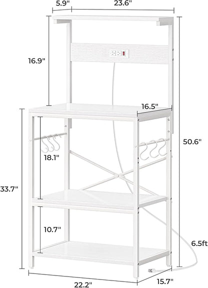 SUPERJARE Kitchen Bakers Rack with Power Outlet, Coffee Bar Table 4 Tiers, Kitchen Microwave Stand with 6 S-Shaped Hooks, Storage Shelf Rack for Spices, Pots and Pans - White