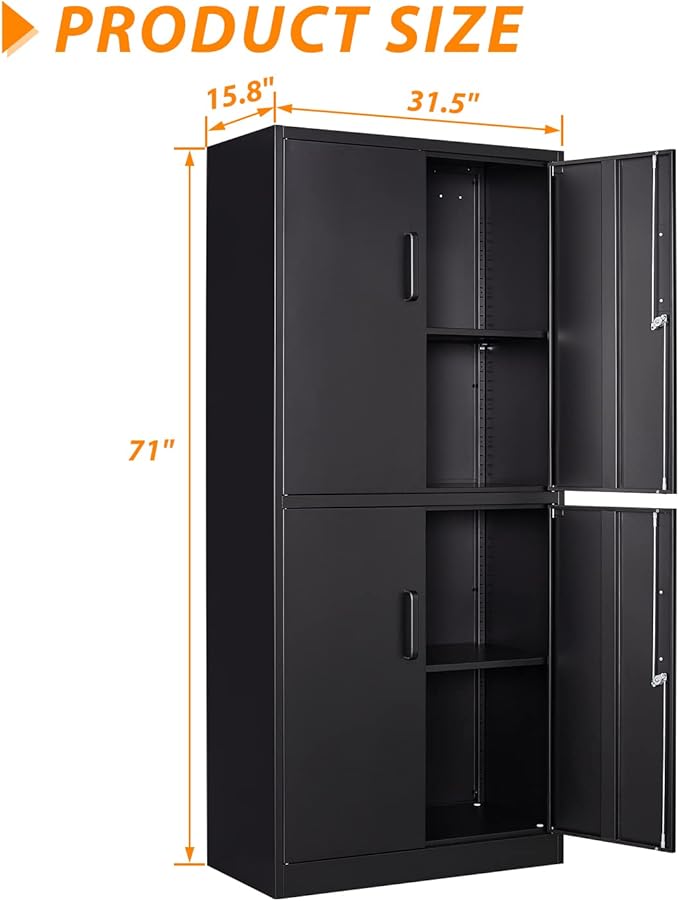 Metal Storage Locking Cabinet, 71" Tall Metal Cabinet with 4 Doors and 2 Adjustable Shelves, Locking Steel Cabinet for Home, School, Office, Gym, Garage Storage (Black)