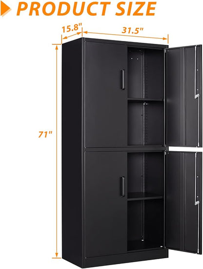 Metal Storage Locking Cabinet, 71" Tall Metal Cabinet with 4 Doors and 2 Adjustable Shelves, Locking Steel Cabinet for Home, School, Office, Gym, Garage Storage (Black)
