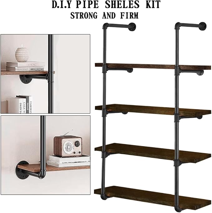 HITOMEN Industrial Iron Pipe Shelves, DIY Open Bookshelf Bookcase, Wall Mounted Vintage Retro Shelving, Rustic Farmhouse Pantry Kitchen Storage, Black Shelf Brackets, 2 Set 5-Tier, 55" Tall, 12" Depth