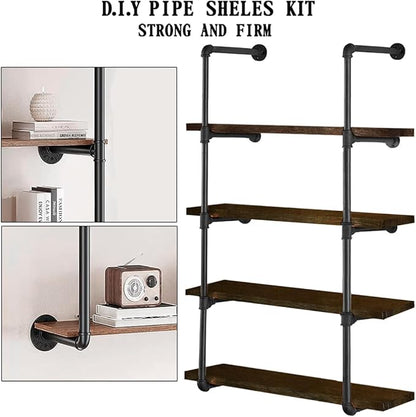 HITOMEN Industrial Iron Pipe Shelves, DIY Open Bookshelf Bookcase, Wall Mounted Vintage Retro Shelving, Rustic Farmhouse Pantry Kitchen Storage, Black Shelf Brackets, 2 Set 5-Tier, 55" Tall, 12" Depth