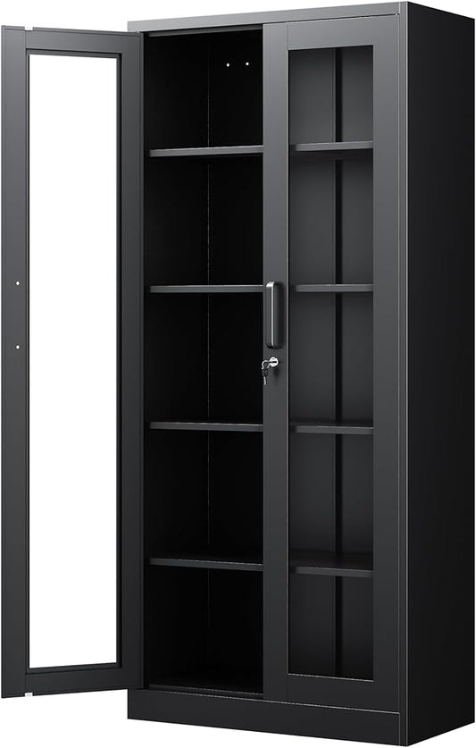 Display Cabinet with Glass Doors, 71 Inches Metal Display Case with 4 Adjustable Shelves, Curio Storage Cabinet with Lock for Home, Office, Book, Pantry, Assemble Required (Black)